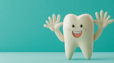 This vibrant cartoon tooth character features a joyful smile and hands raised in a playful gesture. Ideal for dental health promotion and children's education.の素材