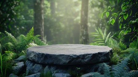 A tranquil stone platform nestled among vibrant greenery and ferns in a lush forest. Sunlight illuminates the scene, creating a peaceful atmosphere perfect for nature-themed projects.の素材