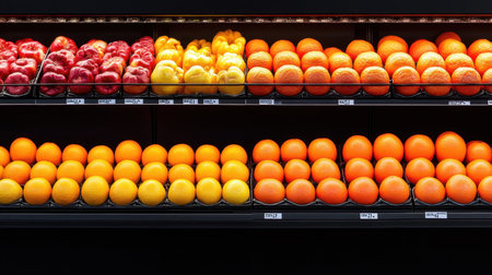 Colorful arrangement of fresh fruits in a grocery store, showcasing apples, oranges, and lemons. Perfect representation of healthy eating choices in vibrant colors.の素材