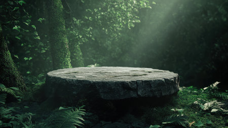 A tranquil forest scene featuring a moss-covered stone platform surrounded by lush greenery, illuminated by gentle sunlight rays filtering through the trees.の素材