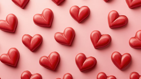 This image features a delightful arrangement of vibrant red heart shapes on a soft pink background. Perfect for conveying love and affection in various celebrations and creative projects.の素材