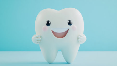 This adorable cartoon tooth character features a big smile against a bright blue background. Perfect for dental health themes, children's education, and fun illustrations.の素材