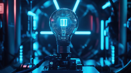 This captivating image features a futuristic light bulb with intricate circuitry, glowing in a vibrant neon environment, symbolizing innovation and technology.の素材