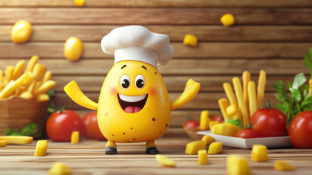 A cheerful cartoon cheese character wearing a chef hat stands among fresh ingredients, embodying fun and culinary creativity. Perfect for food-themed designs.の素材