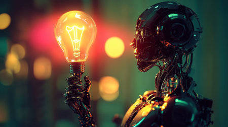 A striking image of a futuristic robot holding a glowing light bulb, symbolizing innovation and creativity in technology. The scene features vibrant colors and advanced design.の素材