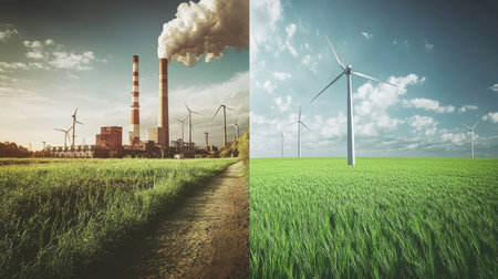This image captures the stark contrast between industrial pollution and renewable energy sources, showcasing a vibrant green field with wind turbines against a cloudy sky.の素材