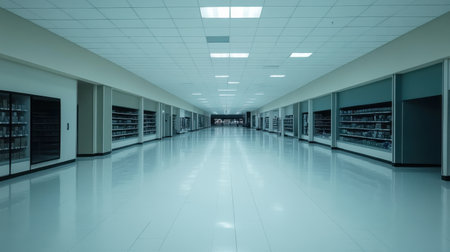 This image features a spacious and empty retail store aisle with sleek shelves and bright overhead lighting, showcasing a serene and minimal environment.の素材
