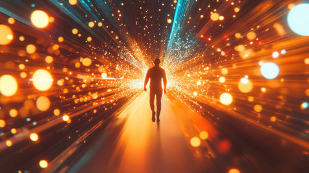 A solitary human silhouette walks through a vibrant and dynamic abstract light explosion. This surreal scene captivates with bright colors and an energetic atmosphere, evoking a sense of exploration and wonder.の素材