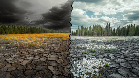 A striking split landscape showcases the contrast between desolate dry land and lush vibrant flowers under cloudy skies, highlighting environmental changes.の素材