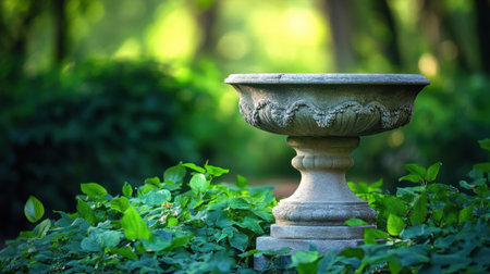 A beautifully crafted stone birdbath sits elegantly amidst vibrant green foliage, adding an enchanting touch to any garden or outdoor space. Perfect for wildlife.の素材