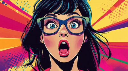 A vibrant pop art illustration featuring a surprised woman with glasses. Bold colors and dynamic shapes create an energetic and fun atmosphere, evoking excitement.の素材