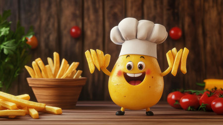 A cheerful cartoon potato chef with a bright smile and a chef hat stands proudly among golden fries and fresh vegetables, embodying the joy of cooking.の素材