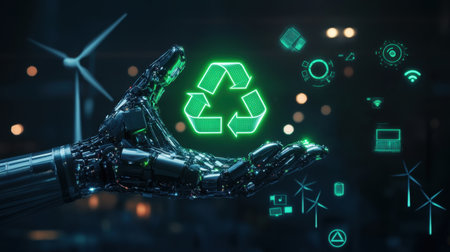 This image features a futuristic robotic hand holding a green recycling symbol, surrounded by energy icons, illustrating the intersection of technology and sustainability.の素材