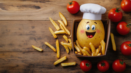 A cheerful cartoon potato chef with a big smile sits in a box of fries, surrounded by fresh tomatoes on a rustic wooden background, adding playful charm to food photography.の素材