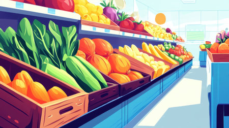 This vibrant image showcases a colorful display of fresh fruits and vegetables in a grocery store. The inviting layout emphasizes healthy eating and local produce.の素材