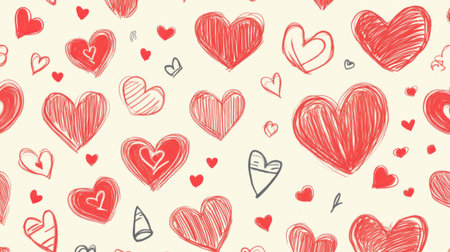 This vibrant illustration features hand-drawn hearts in various shapes and sizes on a light background, perfect for expressing love and affection in creative projects.の素材
