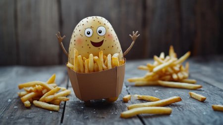 A cheerful cartoon potato character stands happily in a box of crispy french fries, surrounded by additional fries on a rustic wooden surface. The playful atmosphere evokes joy and humor.の素材