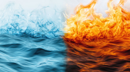 This captivating image showcases the striking contrast between water and fire, highlighting their dynamic movement and colors. Perfect for creative projects.の素材