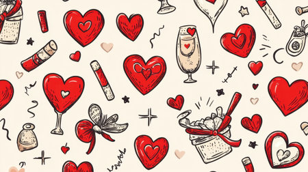 Hand-drawn romantic pattern featuring hearts, drinks, and bows, perfect for celebrating love and affection on various occasions. Ideal for festive designs.の素材