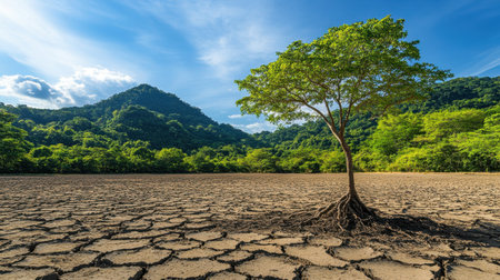 A solitary tree stands resilient on cracked earth, surrounded by lush green mountains under a bright blue sky. This image captures the stark contrast between drought and verdant life.の素材