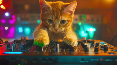 An adorable cat DJ showcases its playful spirit on a sound mixer in a vibrant nightclub setting, surrounded by colorful neon lights. A perfect blend of fun and creativity!の素材