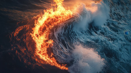 A mesmerizing image of a wave featuring vibrant flames intertwined with turbulent water, showcasing the dynamic contrast of fire and ocean.の素材