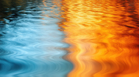 A stunning abstract image showcasing the reflection of blue and orange waves on a water surface, capturing dynamic movement and vibrant colors, perfect for artistic projects.の素材