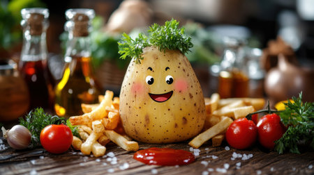 A cheerful potato character with a smile surrounded by fries and condiments. This playful scene captures the essence of fun in food, perfect for culinary projects.の素材
