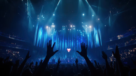 A vibrant scene capturing a lively crowd at a concert, hands raised in excitement, with dynamic blue lighting creating an energetic atmosphere.の素材