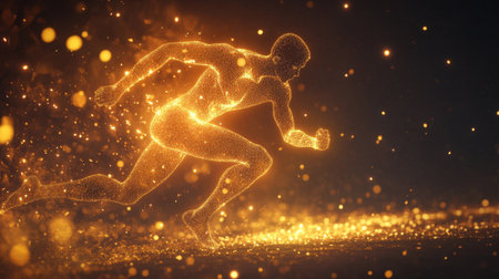 A captivating depiction of a runner crafted from glowing particles, illustrating speed and energy. Perfect for themes of motivation, fitness, and technology.の素材