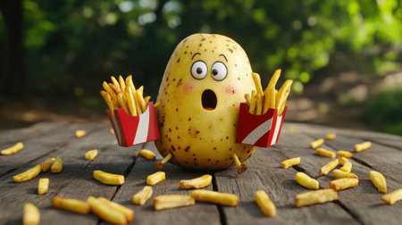 A cheerful potato character holds two containers of crispy French fries, expressing surprise and joy in a vibrant outdoor setting full of fun and whimsy.の素材