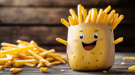 This fun and charming cartoon character, made of crispy french fries, brings joy with its cheerful smile. Perfect for food-related concepts or child-friendly designs.の素材