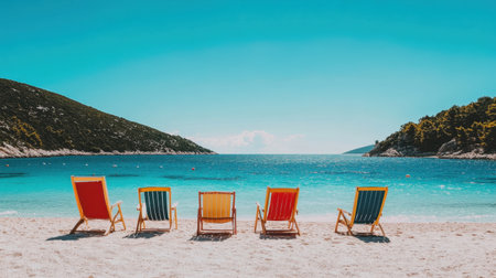 Brightly colored beach chairs line the sandy shore under a clear sky, inviting relaxation by the serene blue waters of a tropical paradise.の素材