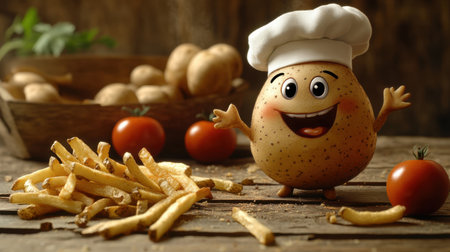 A cheerful potato character in a chef's hat stands beside crispy fries and fresh tomatoes on a rustic wooden table, bringing a fun food vibe to any project.の素材