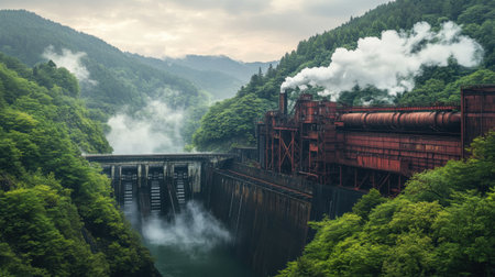 A striking industrial facility nestled in lush greenery with misty mountains in the background. The scene captures the harmony between nature and industrial development.の素材
