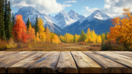 Beautiful mountain landscape featuring colorful autumn trees and a rustic wooden table. The serene scene invites outdoor exploration and relaxation.の素材