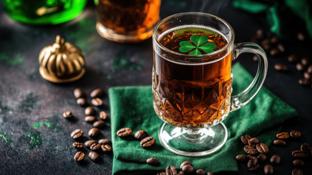 A cozy glass of herbal tea sits with a clover leaf garnish on a dark table, surrounded by coffee beans and green fabric, evoking warmth and tranquility.の素材