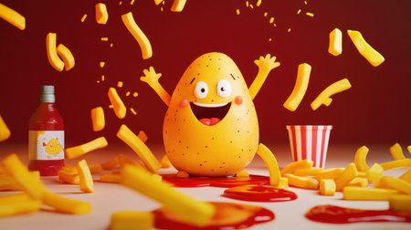 A joyful cartoon egg character enjoys a playful scene with fries and sauce. The bright colors and cheerful expression create a fun, kid-friendly atmosphere.の素材