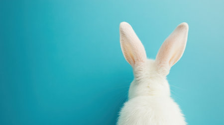 A charming white rabbit features fluffy ears and a soft fur coat, set against a vibrant blue background, creating a serene and cute atmosphere.の素材