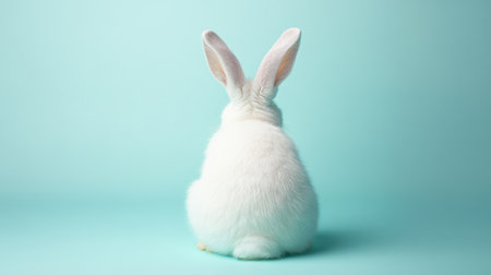 A fluffy white rabbit sits against a soft light blue background, showcasing its adorable features and gentle demeanor. Perfect for animal lovers.の素材