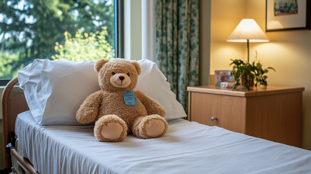 A soft teddy bear sits peacefully on a hospital bed, conveying warmth and comfort in a serene room illuminated by natural light.の素材