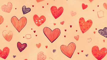 Delightful hand-drawn hearts scattered across a soft tan background, perfect for creative projects, celebrations, and romantic themes. A joyful design that adds warmth and charm.の素材