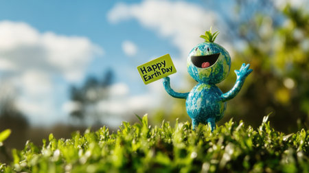 A cheerful, playful character stands amidst lush greenery, celebrating Earth Day with a vibrant smile and a sign. Perfect for eco-friendly themes.の素材