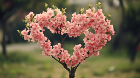 A stunning heart-shaped tree adorned with vibrant pink blossoms, showcasing the beauty of nature. Ideal for themes of love, spring, and romance.の素材