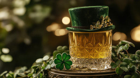 A vibrant whiskey glass adorned with a green top hat and shamrock, ideal for festive celebrations. Perfect for capturing the spirit of Irish culture.の素材