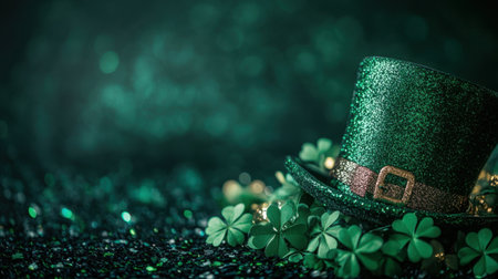 A vibrant close-up of a sparkly green hat adorned with shamrocks, perfect for celebrating festive occasions like St. Patrick's Day. The sparkling backdrop enhances the joyful mood.の素材