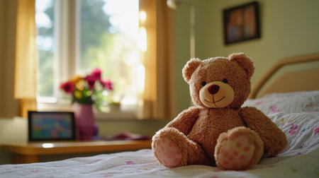 A soft teddy bear sits on a bed in a cozy bedroom, surrounded by warm sunlight and vibrant flowers. The atmosphere evokes feelings of comfort and childhood joy.の素材