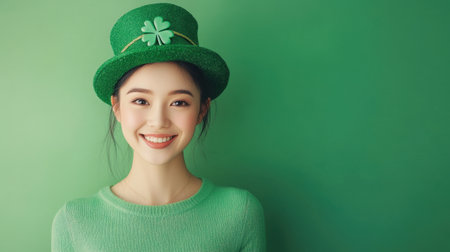 A joyful young woman wears a green sweater and a festive hat adorned with a shamrock, radiating happiness and celebrating the festive spirit of St. Patrick's Day.の素材