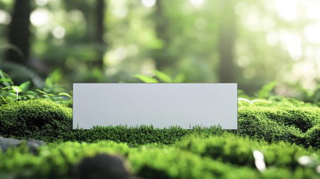 A blank sign rests on lush green moss, surrounded by a serene forest. Soft sunlight filters through the trees, creating a peaceful atmosphere. Ideal for nature-based projects.の素材