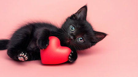 A charming black kitten holds a bright red heart against a soft pink background. This adorable scene captures innocence and love, perfect for themes of friendship and affection.の素材